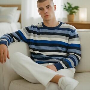 GAP Sweater "All Over Crazy" Blue Stripe Crew Neck Merino Wool - Size Large